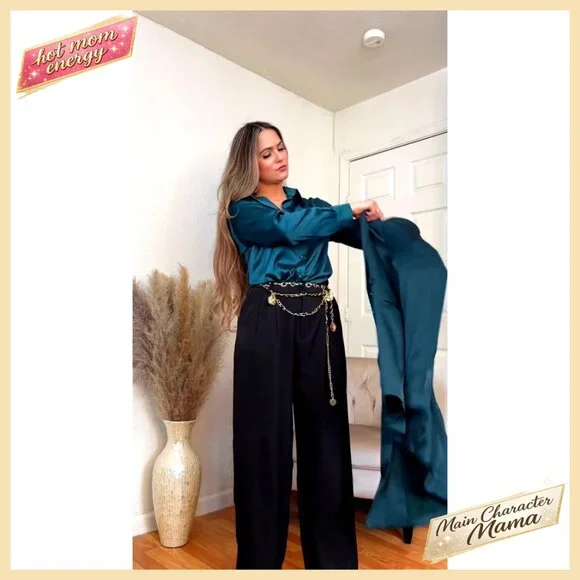 Satin Button Down Shirt Long Sleeve V Neck Blouse Business Casual Tunic